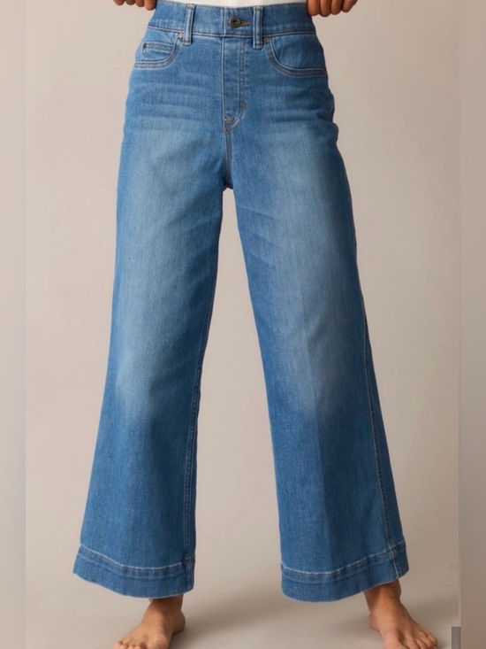 SPANX Denim - SPANX Crop Wide Leg Jeans Medium Wash Blue Denim Pull On Stretch Classic Size S